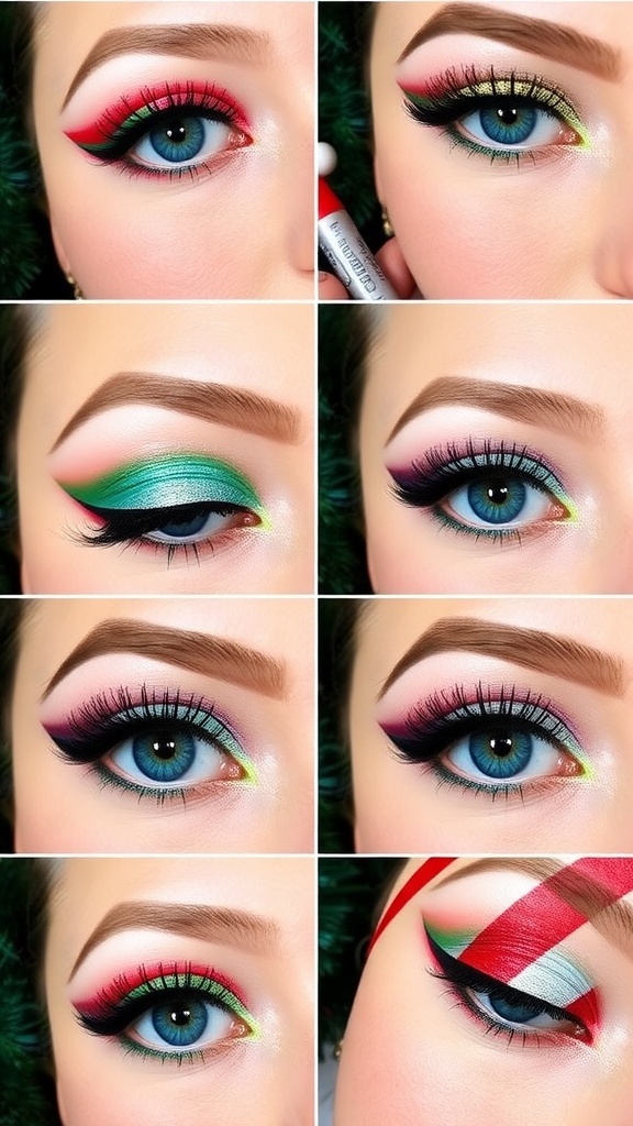 Collage of Christmas eye makeup looks with vibrant colors and festive designs.